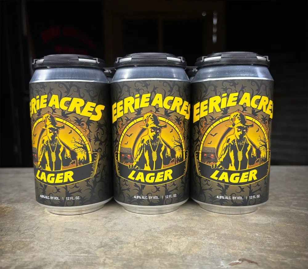 A six-pack of Eerie Acres Lager cans